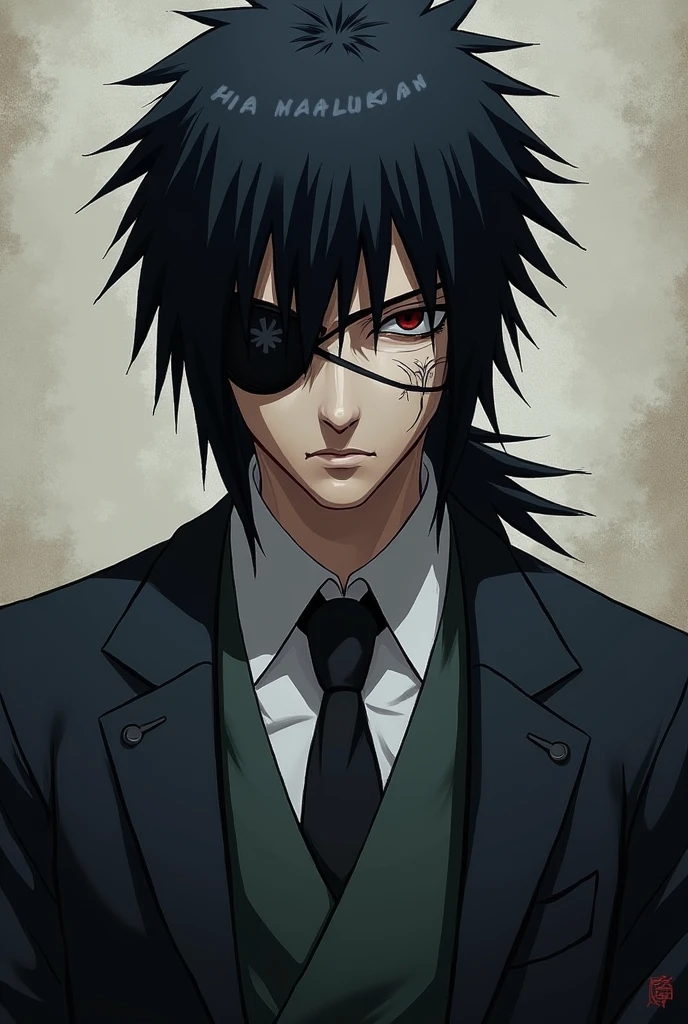 Sasuke Uchiha, A handsome 30 year old man with black hair and eyes wearing a dark elegant suit, His face is covered in scars and he wears an eye patch.