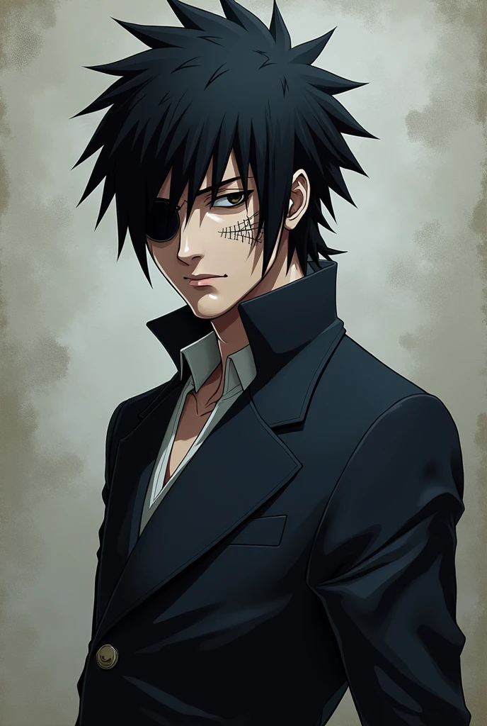 Sasuke Uchiha, A handsome 30 year old man with black hair and eyes wearing a dark elegant suit, His face is covered in scars and he wears an eye patch.