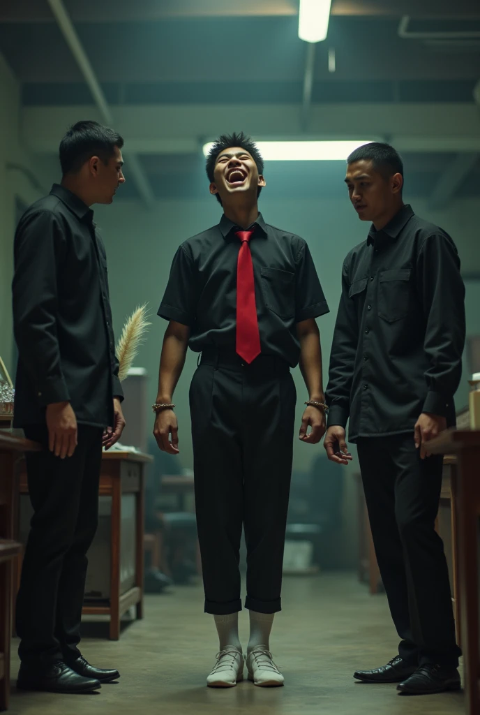 Malaysia malay handsome 19 years student
He laugh very hard
His hand handcuff in abondon warehouse
folded
handcuff
Black Work Outfit Red tie
Focus feet on desk
feather duster on desk
White sock
2 evil mafia touch his feet