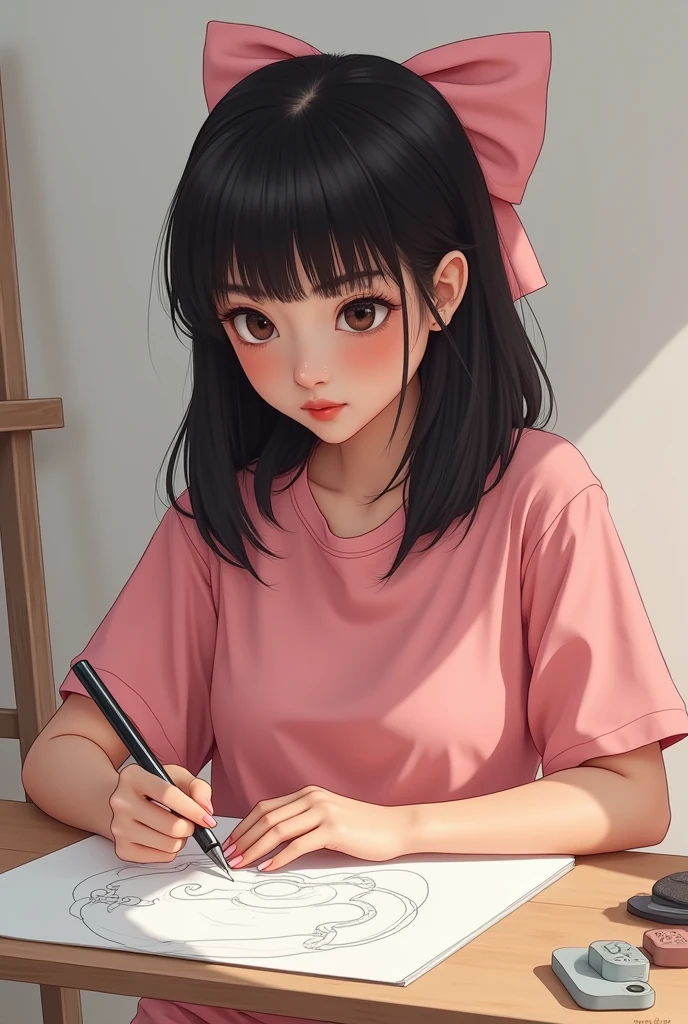 I want a realistic portrait of a pretty woman who is drawing, has black hair and bangs, freckles under her dark eyes, light skin. She wears pink sports clothes and a pink bow in her straight medium hair. Has Latin features and she id drawing
