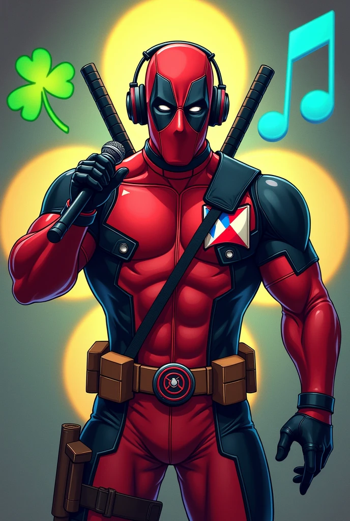 Deadpool with the symbol of green lucky Trevor, yellow star and music symbol color blue, singing karaoke with headphones. Human body, Puerto Rican flag, By: Sam Oca