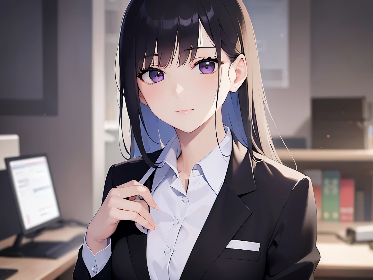 (Shrug:1.5),Realistic,real person,RAW photo,photorealistic,BREAK(Black blazer:1.5)and(white collared shirt)BREAK,(pale skin:1.2),shiny skin,shiny hair,-old woman with straight hair and bangs)and(medium hair)and(black hair)and(purple eyes),(light smile),The background is a company desk room.,alone