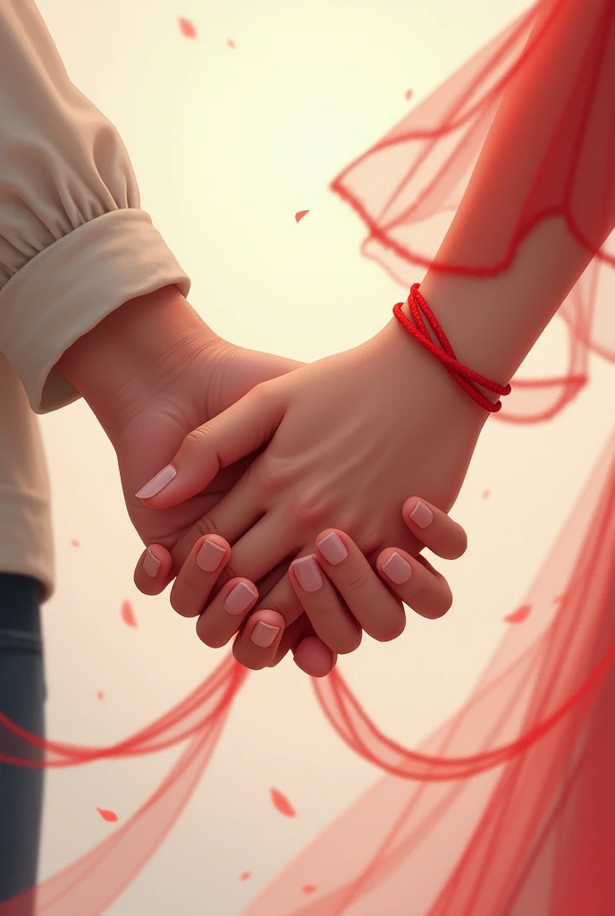 A couple of two young lovers interlace their 5-fingered hands romantically without their faces being seen, Their hands that are romantically intertwined are surrounded by a red thread of destiny