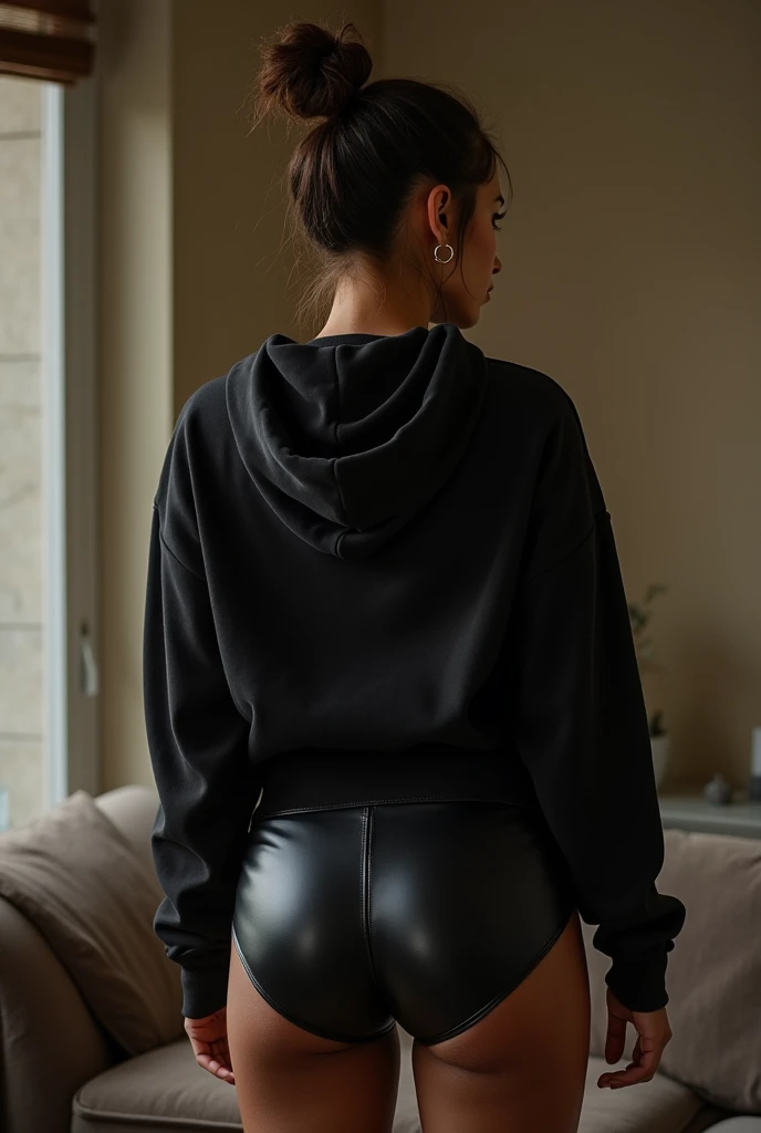 black woman hair in a bun black hoodie black leather short shorts being fucked in the ass by a old grandma in a dress