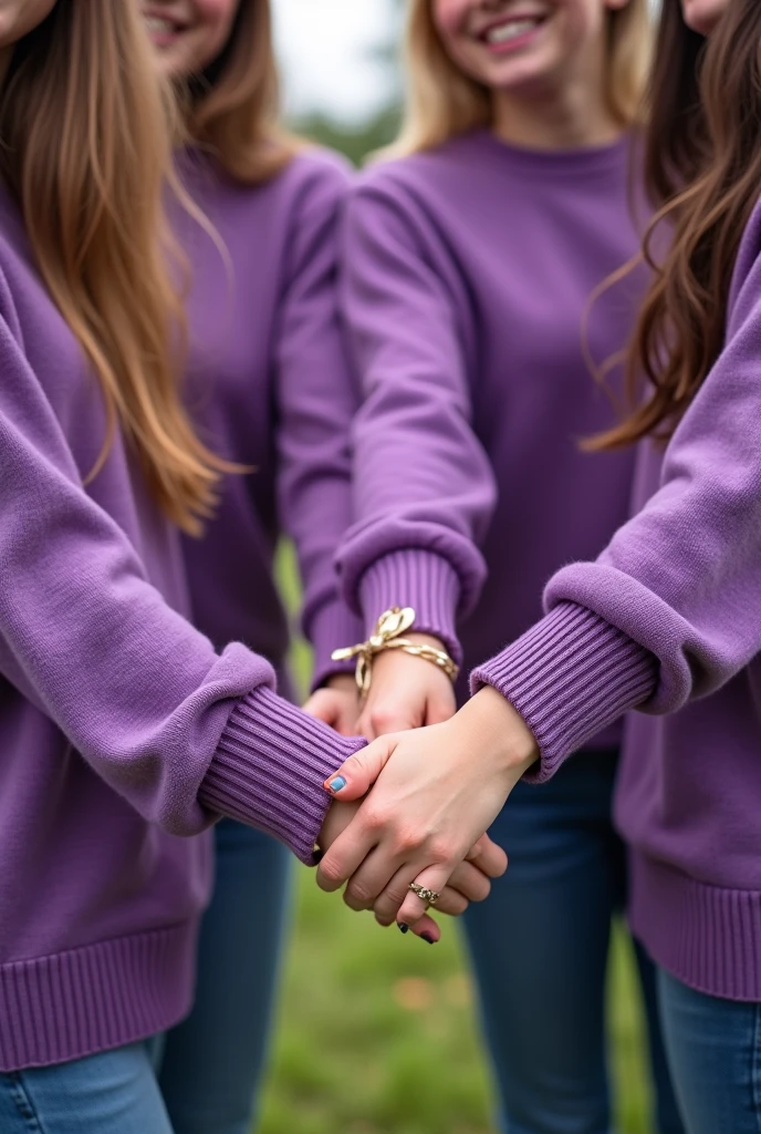 A group of girls with purple sweaters and a ribbon around their wrist forming a chain