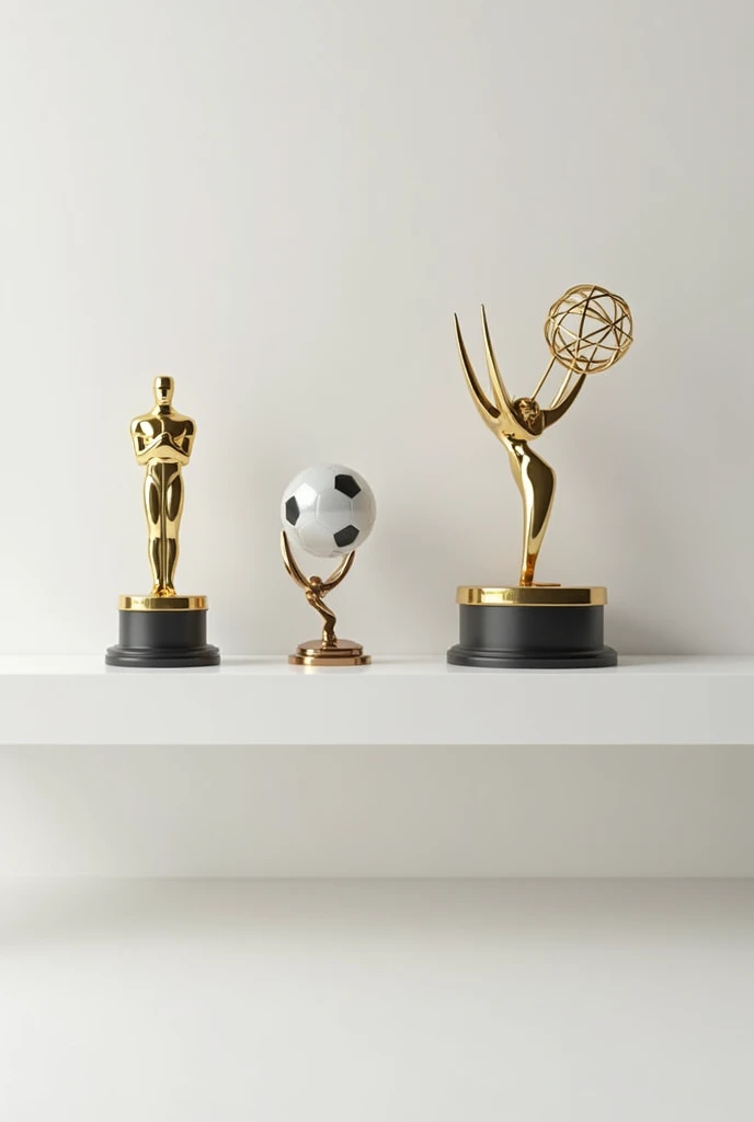 create a white shelf with 18 entertainment awards, I will include a variety of recognizable trophies from the music world, movie  theater, and television, like Oscars, Emmys, Golden Globes, Grammys, and others. The shelf will have a modern and minimalist design, with the prizes organized in a harmonious way.

but the awards need to be more realistic, just with an Oscar and an Emmy.


