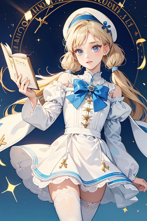 Barbara has a ash blonde hair tied in pigtails and blue eyes.
She wears a white frock that is open at the shoulders and a large white and blue bow in the front along with white tights, white ankle boots, and a blue and white cap. Her Vision is attached to a gold-adorned spell-book with a light blue cover and a small cross charm hangs at her side. Her outfit, Innocent Longing, is described to be a Deaconess's uniform from the Church of Favonius with a unique Barbara streak running through it. SPARKLE; GLITTER