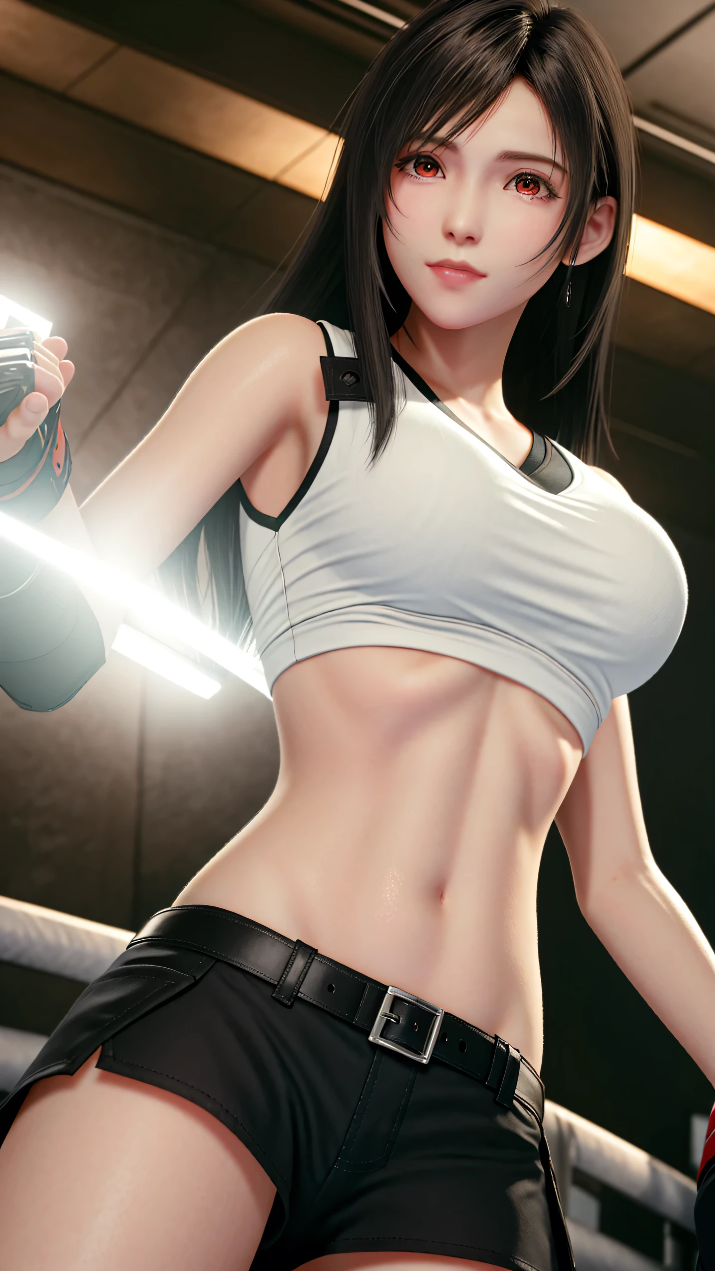 8k,masterpiece, Highest quality,big breast, (1 person:1.5), Tifa Lockhart, red_eye, Black Hair, Long Hair, Professional Lighting, (Glowing Skin: 1.2), shiny sweat, ((Highest quality)), Sharp focus: 1.2, Highly detailed face and skin texture, detailed eye, Perfect Face, Perfect body, CG, Huge Breasts, before (Age 25, Mature, cool and beautiful face), (on MMA Arena :1.5), (wearing MMA uniform:1.5, white tops and black bottoms:1.3), thigh, belly button,Fighter,glaring,(Look At View:1.2),From below,Full body, Dynamic Angle,