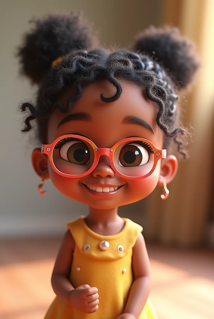 cute, 5 years, brown skin, small eyes, curly black hair tied up with a few loose strands, wearing small glasses with colorful dress, smiling pixar 3d illustration
