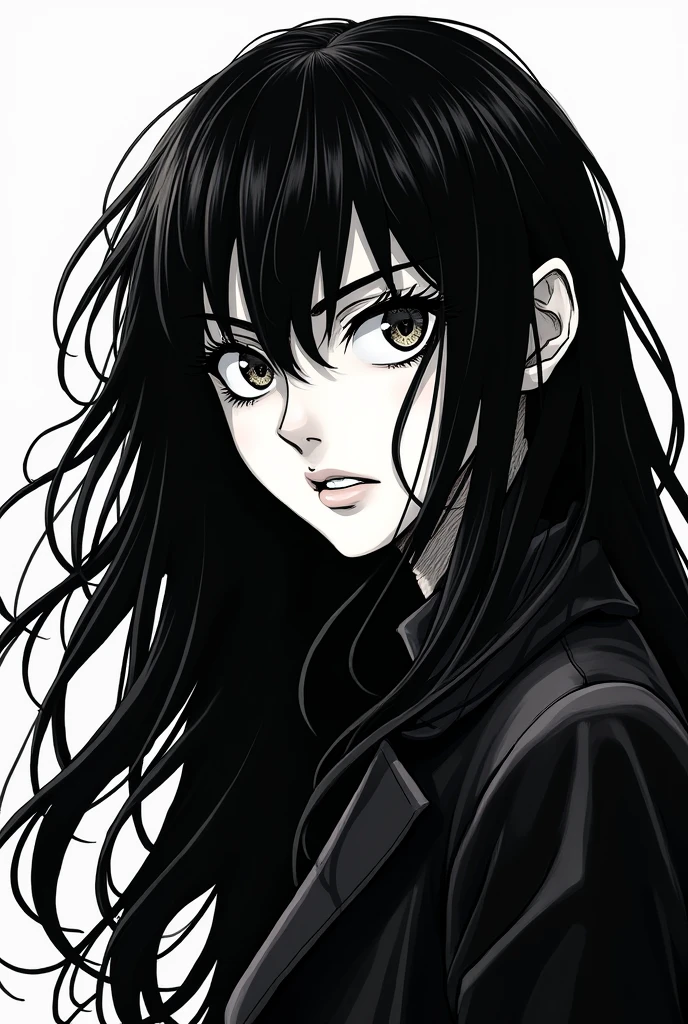 A character with long hair in black and white manga form