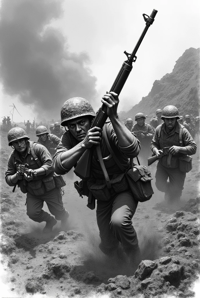 Soldiers fighting on Pacific islands like Iwo Jima drawing