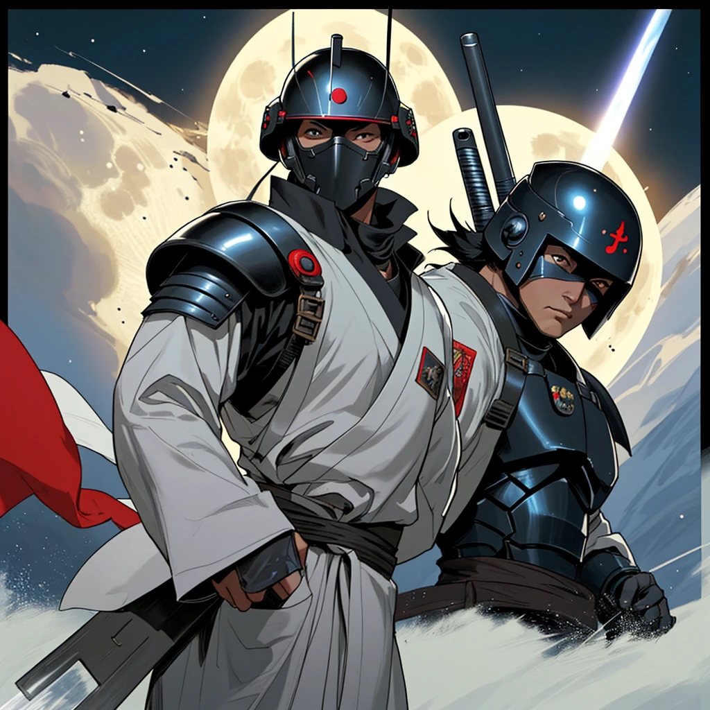 Space samurai, full helmet, no face visible, armor, machine gun, moon in background, Masterpiece, Anatomically Correct, fighting, firing weapon, battle in background