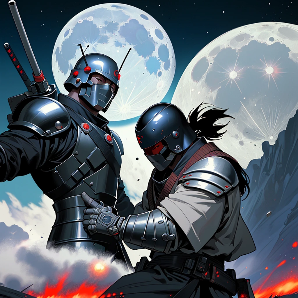 Space samurai, full helmet, no face visible, armor, machine gun, moon in background, Masterpiece, Anatomically Correct, fighting, firing weapon, battle in background