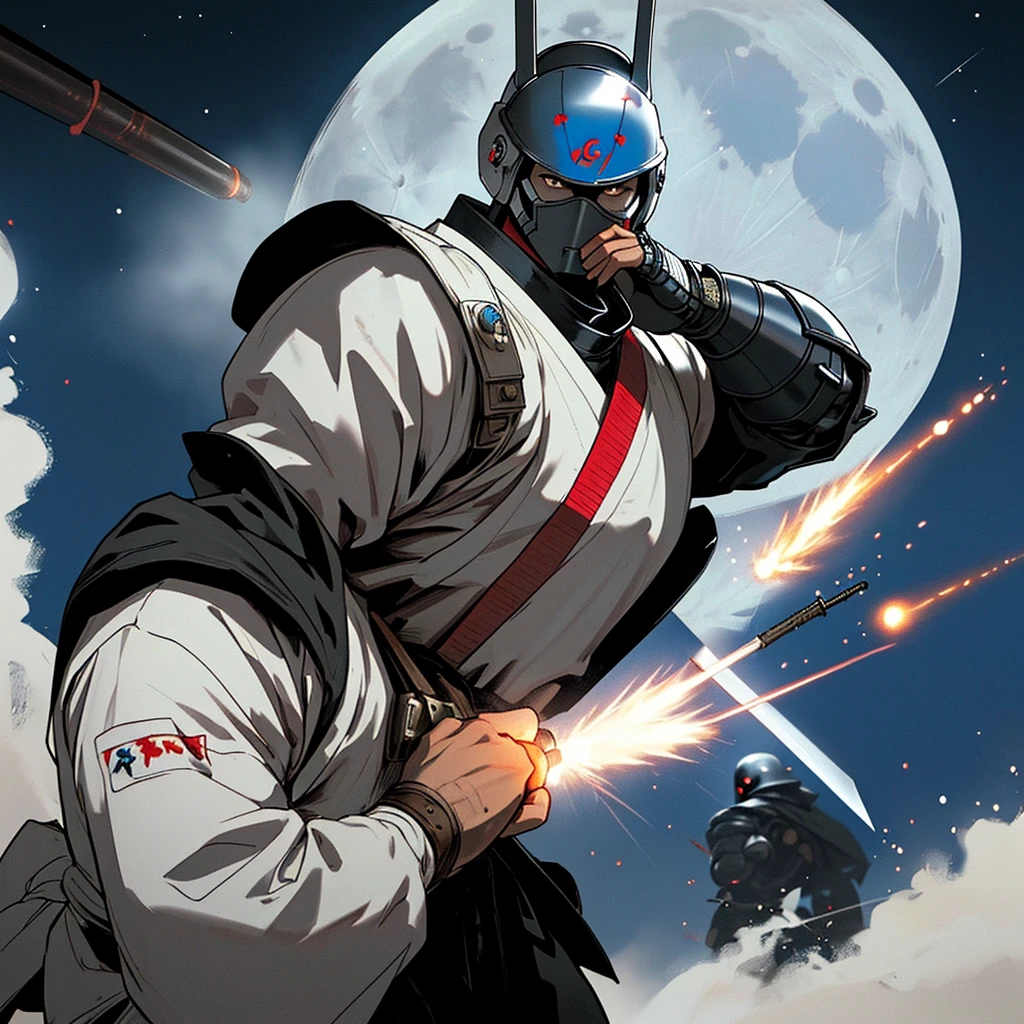 Space samurai, full helmet, no face visible, armor, machine gun, moon in background, Masterpiece, Anatomically Correct, fighting, firing weapon, battle in background