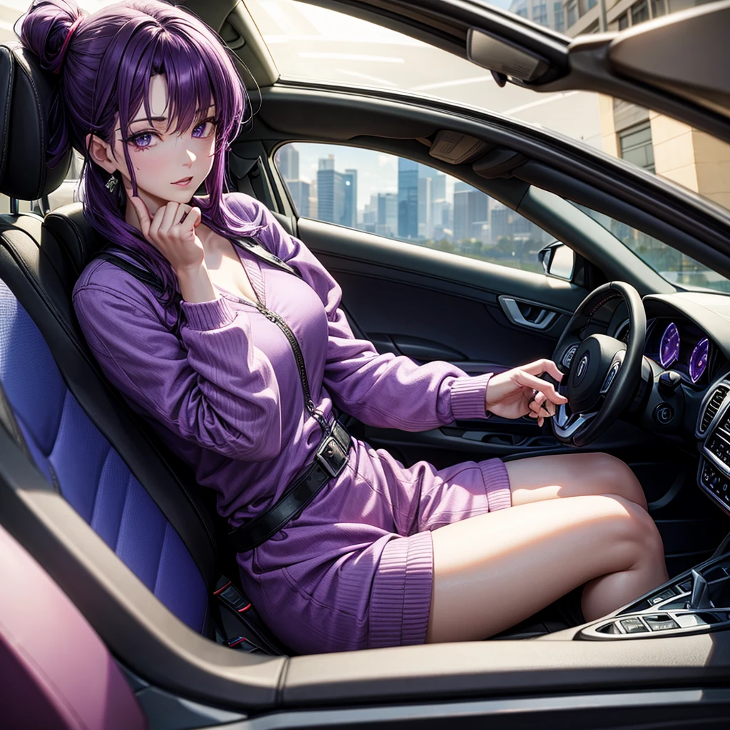 The purple haired woman driving a car