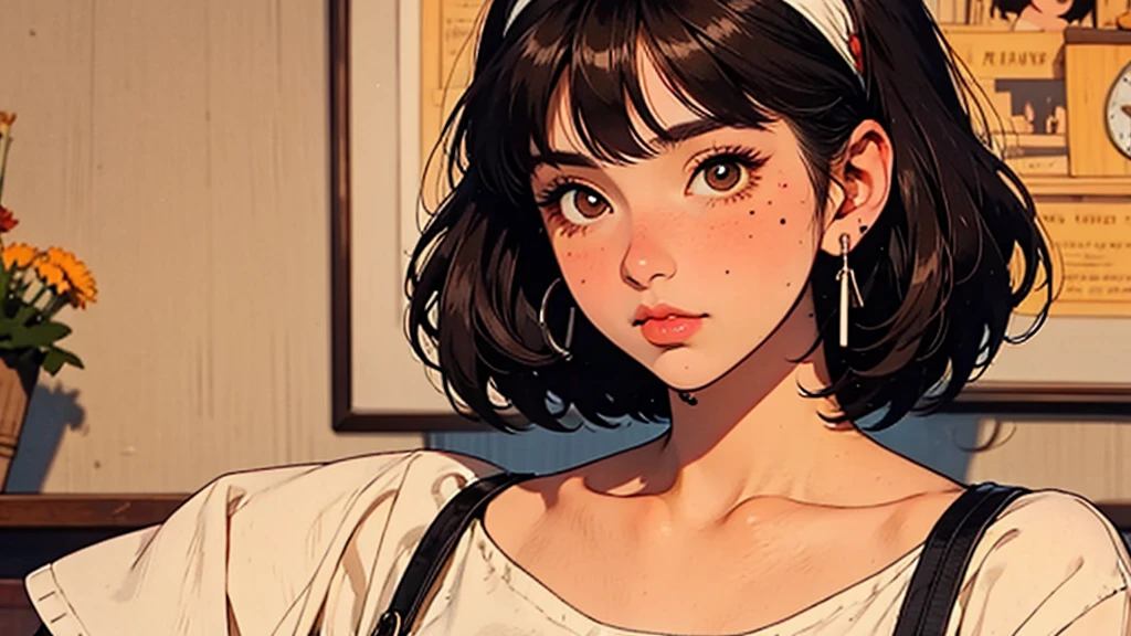 retro
1girl
bangs
blush
bob cut
brown eyes
brown hair
clock
closed mouth
collarbone
earphones
earrings
hairband
jewelry
looking at viewer
mole
mole under eye
phone screen
shirt
short hair
solo
suspenders
upper body