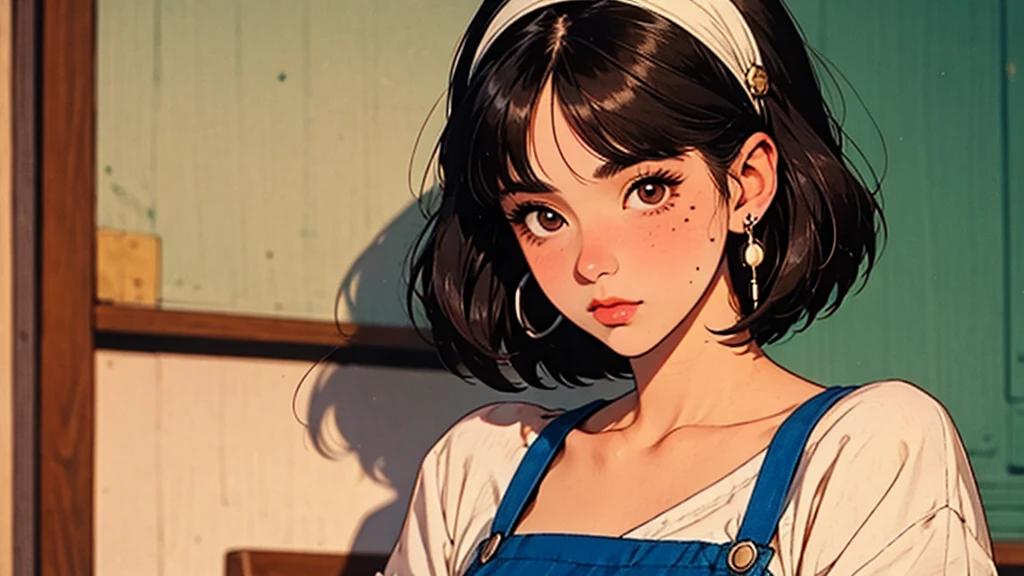 retro
1girl
bangs
blush
bob cut
brown eyes
brown hair
clock
closed mouth
collarbone
earphones
earrings
hairband
jewelry
looking at viewer
mole
mole under eye
phone screen
shirt
short hair
solo
suspenders
upper body