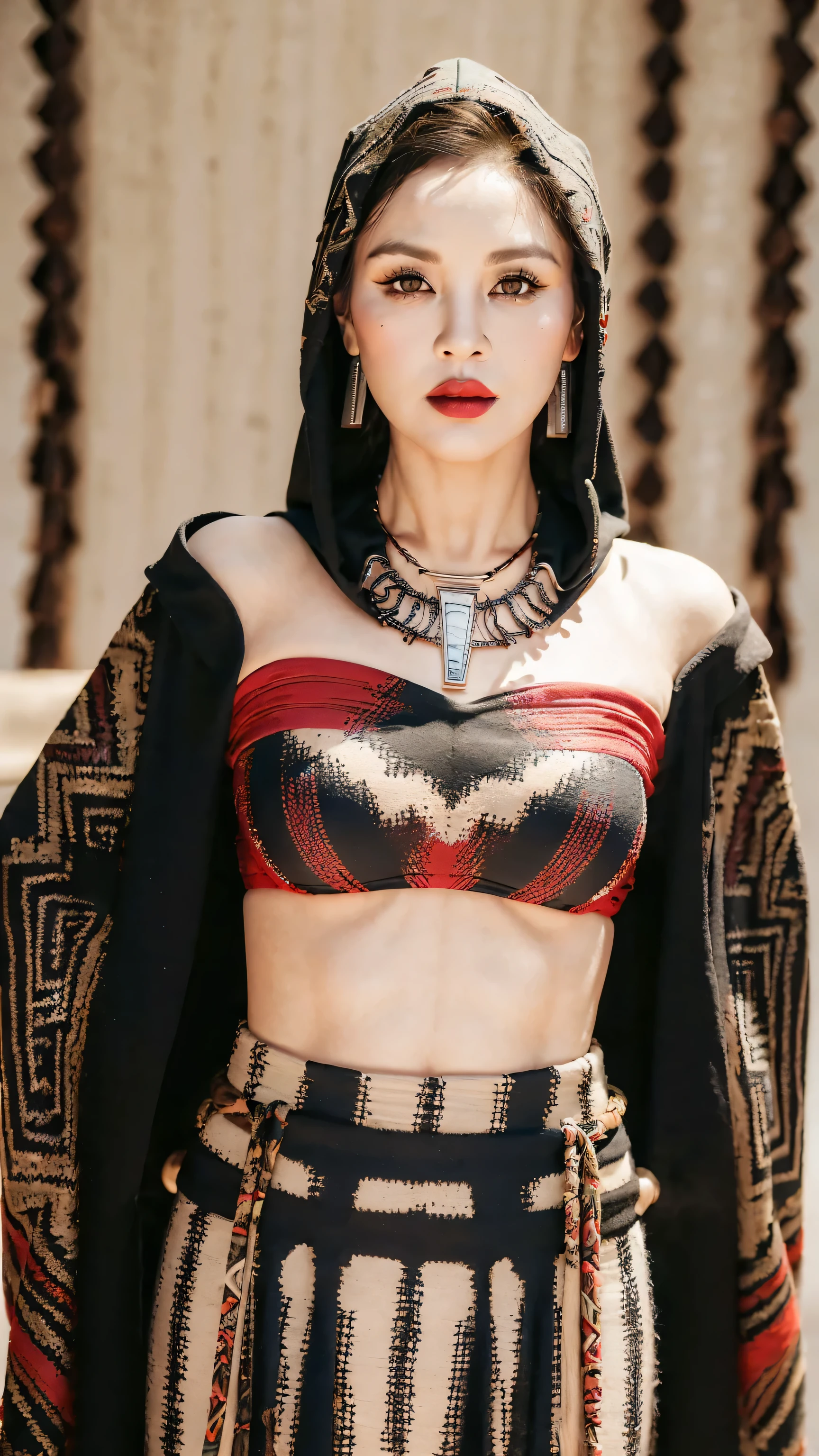 ((Realistic lighting, Masterpiece: 1.3), (raw photo:1.2), Best quality, 8K), Hyperrealist portrait gorgeous Beautiful tribal Chinese tribal woman, mature woman, 50 years old, Milf, beautiful serious face, wrinkled face, beautiful detailed charming eyes, (pretty natural breasts: 1.1), ((tribal black strapless top: 1.1), (sexy tribal black skirt), (tribal black Hooded Cloak Coat: 1.2), (tribal hijab: 1.2)), tribal loincloth, (tribal jewelry, tribal necklace), tribal Palace background, legendary style, epic style, full body, (standing pose: 1.2, tribal Palace background), professional photography, font view, very detailed faces, (garnet red lips, subtle makeup: 1.3), colorful style