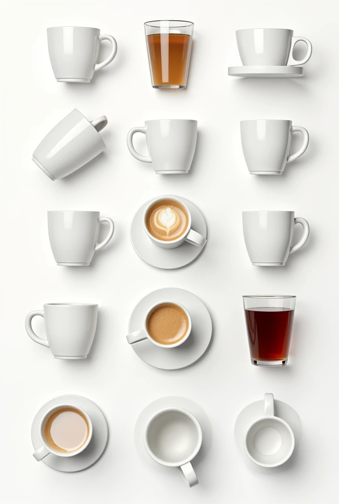 White cardboard cup, with tea drinks, espresso coffee, coffee with milk, late, cappuccino and mochachino , white background separated each in a 3x3 matrix tea glass The same image in white cardboard cup with 45 degree angle 