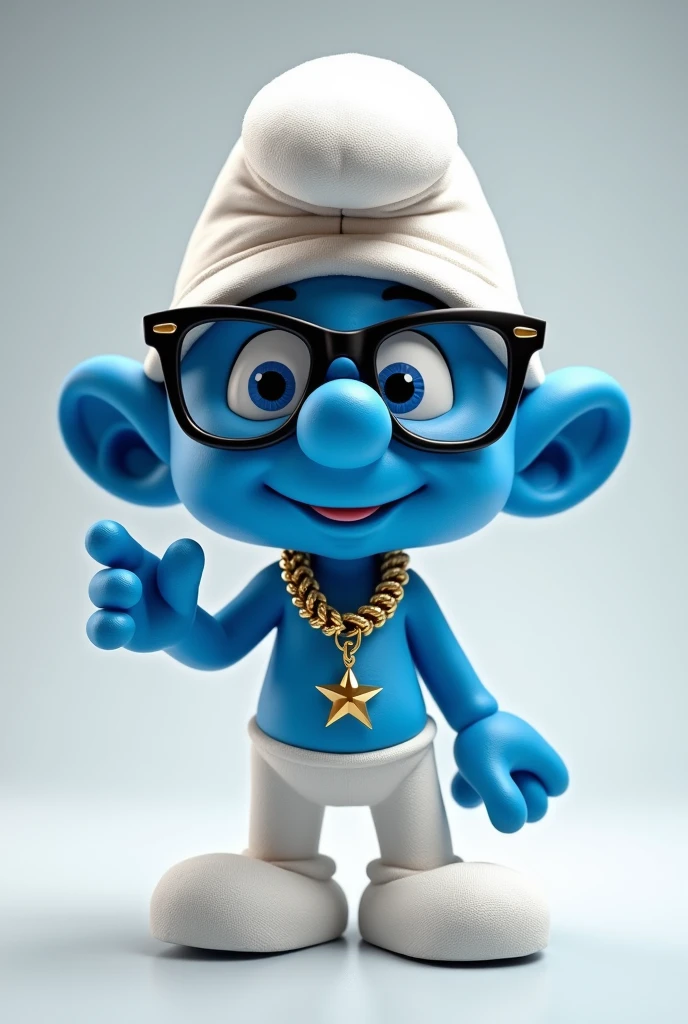 Create a smurf style image with a gold chain and black glasses