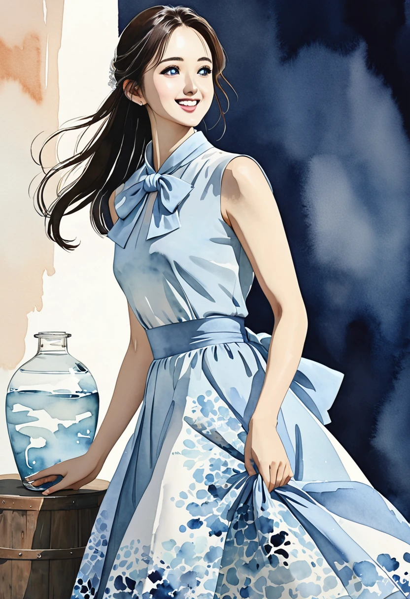 8K,Masterpiece,Top Quality,Dynamic Pose,Beautiful Woman with Long Hair,Smile: 1.6,Japanese Beauty,((carboy shot,change of plan)),A sleeveless midi dress with a high neckline and a large bow tied elegantly at the neck. The dress is fitted at the waist, flaring out into a flowing A-line skirt that gracefully reaches mid-calf. The soft light blue color of the dress is calming and sophisticated, enhanced by a delicate watercolor-inspired abstract pattern. This pattern features subtle gradients of light blue and white, creating a refined and elegant look that is both feminine and poised,(((Watercolor)))