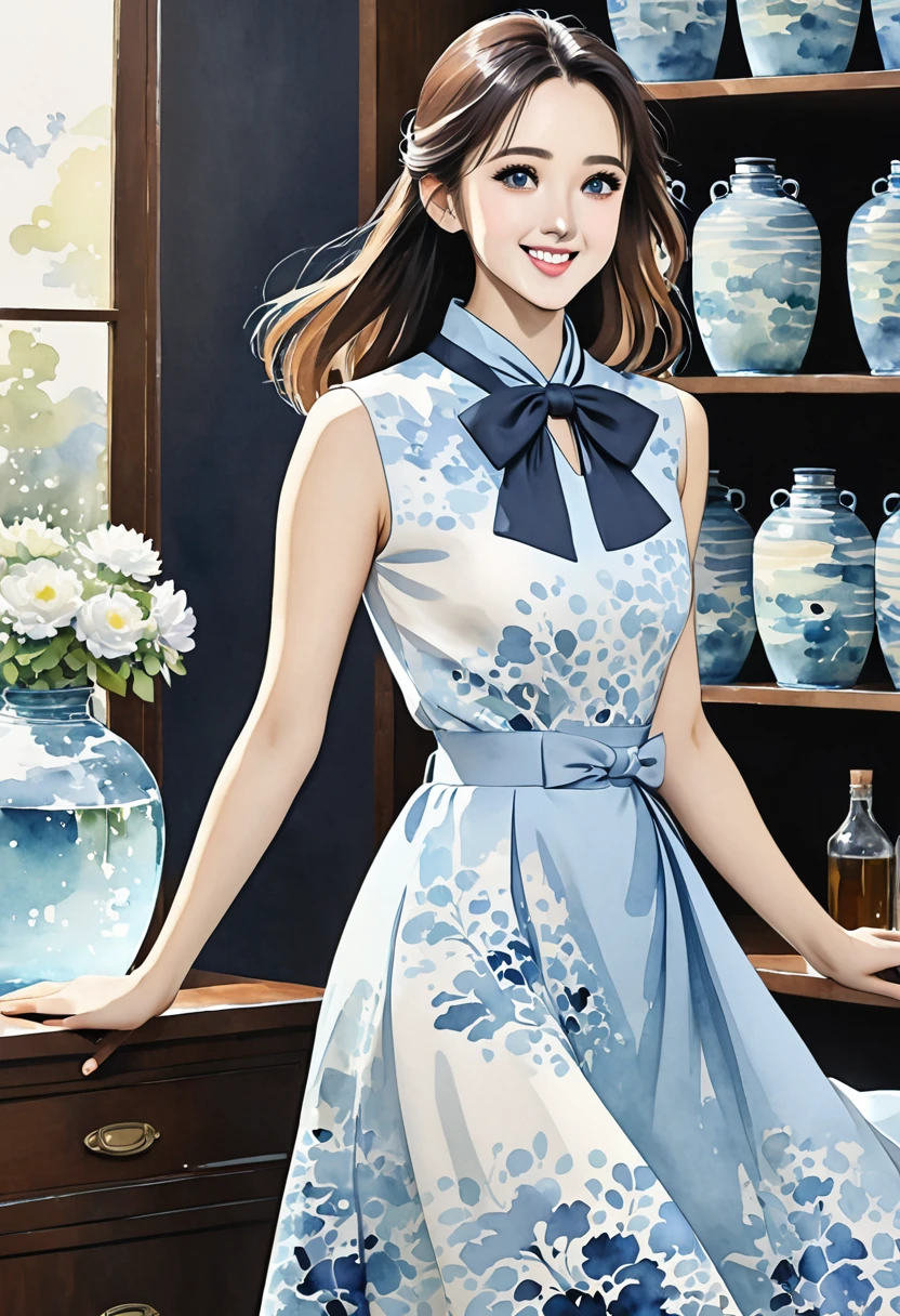 8K,Masterpiece,Top Quality,Dynamic Pose,Beautiful Woman with Long Hair,Smile: 1.6,Japanese Beauty,((carboy shot,change of plan)),A sleeveless midi dress with a high neckline and a large bow tied elegantly at the neck. The dress is fitted at the waist, flaring out into a flowing A-line skirt that gracefully reaches mid-calf. The soft light blue color of the dress is calming and sophisticated, enhanced by a delicate watercolor-inspired abstract pattern. This pattern features subtle gradients of light blue and white, creating a refined and elegant look that is both feminine and poised,(((Watercolor)))