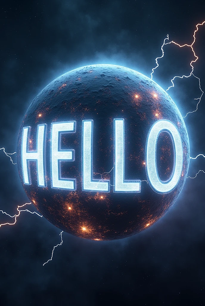 A giant hello written the size of the planet with a futuristic design and with thunder and electricity