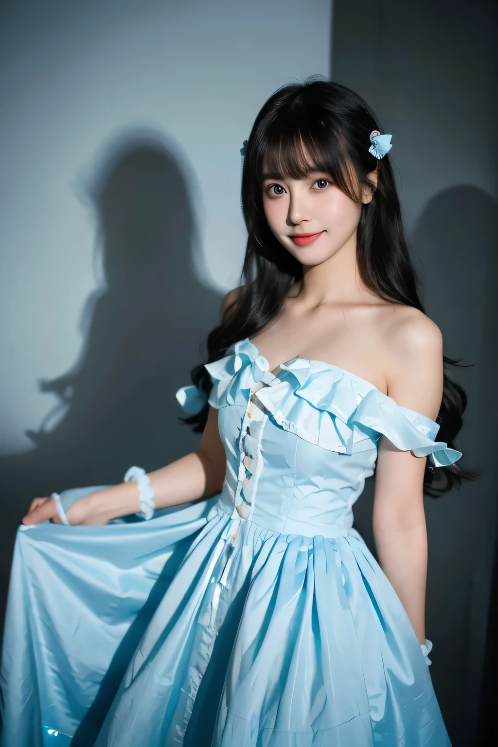 best quality, ultra high res, long black hair, tan skin, happy, smiling, looking at camera, light blue dress, Lolita dress, hair down, dark eyes, super cute face, big eyes, light agyosal makeup,