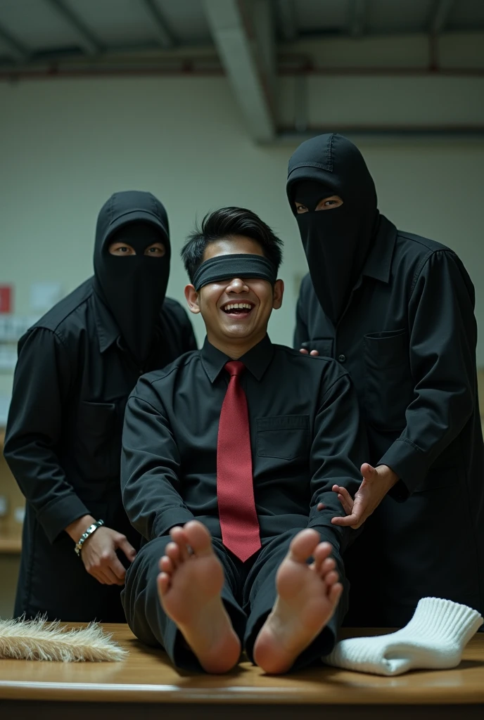 Malaysia malay handsome  23 years  student 
He laugh very hard
His hand handcuff in  abondon warehouse 
Blindfolded
handcuff
Luxury Red Casual Outfit 
Focus feet on desk
feather duster on desk
Whitesock  on desk
2  evil mafia rub  his feet
