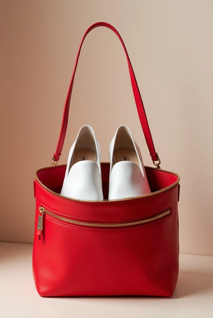 Create a red shoulder bag Opened and inside this bag there are white shoes.