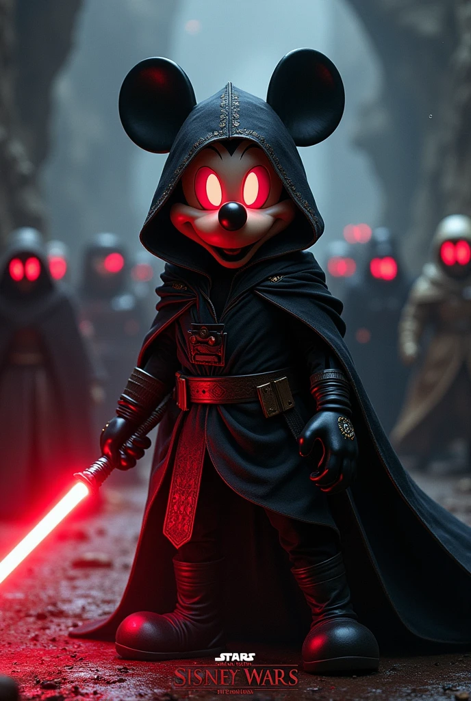 A dark fantasy character Mickey Mouse, dressed in a black, flowing Sith robe from Star Wars with intricate detailing. Mickey's large, round ears stick out slightly from beneath the hood, and his eyes glow a menacing, fiery red. He wields a red lightsaber, the blade casting an ominous glow on his black gloves and robe. Mickey stands in a powerful pose, surrounded by swirling dark energy, in a shadowy, cosmic environment with distant stars faintly visible. Behind Mickey, various characters from Disneyland stand, all of them having their eyes illuminated in red, adding to the sinister atmosphere. The scene is filled with tension, as if the characters are preparing for an epic battle. At the bottom of the image, written in bold, cinematic style in lettering similar to the Star Wars font, the words 'Disney Wars' appear, giving the scene a dramatic, movie poster-like feel.
