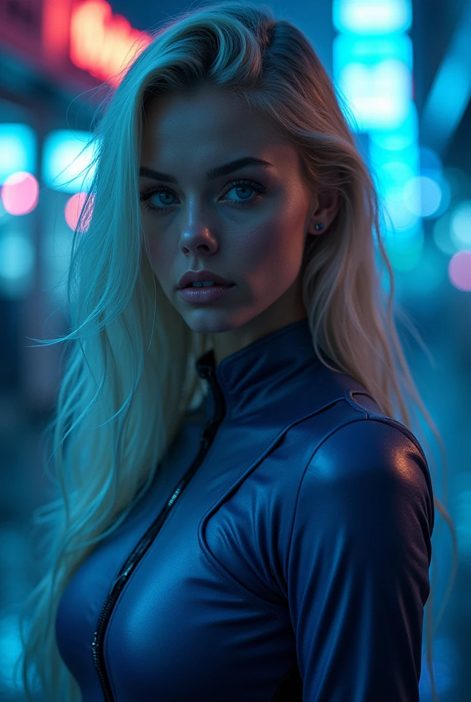 ((best quality)), ((masterpiece)), (detailed), ((background Cyber)), wet look, ((blond long Hair)), ((Intricate detailing, in the night time, Contre-Jour, random neon color, View from afar, random pose, blue bodysuit, face focus, hell picture, light face))