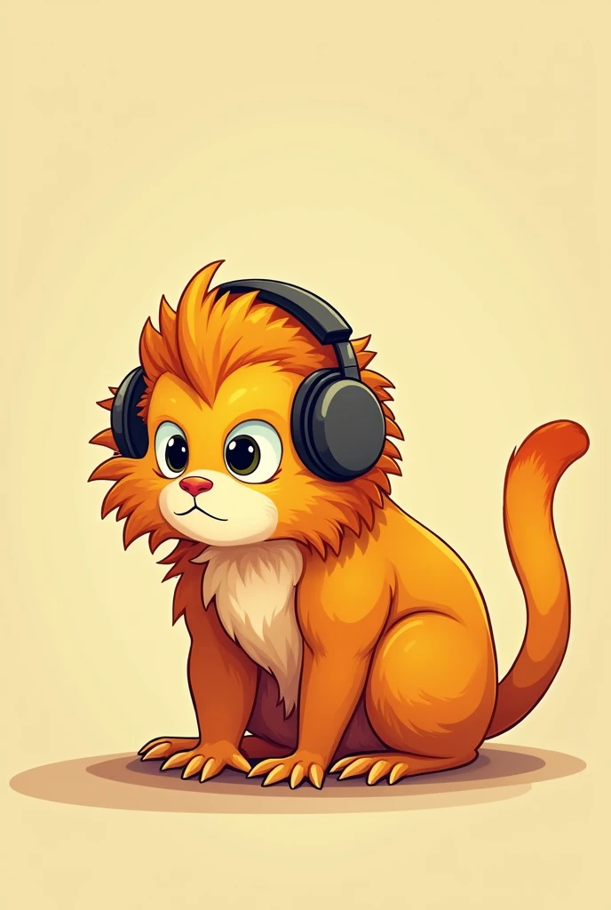 Golden lion tamarin in cartoon form, squatting down, with head bowed, colored with shades of yellow and orange and using headphones. serious face.