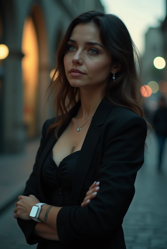 A 4K portrait of a 30-year-old brunette Argentinian woman with rainbow-colored blonde hair and emerald green eyes, dressed in elegant clothing. She is depicted with a profound expression of sadness, standing alone on a quiet, dimly lit street. Her perfect smile is absent, replaced by a look of melancholy as she gazes out at the city with a distant, sorrowful expression.
Her white smartwatch and tattoos on her arm are subtly visible, adding to the sense of loneliness. The elegant clothing contrasts with the somber mood of the scene. The cityscape in the background is blurred, emphasizing her solitude and the emotional weight of the moment.
The image is rendered with perfect details and high quality, capturing the depth of her sadness with realistic textures and soft lighting that highlights her sorrowful demeanor. The focus is on her emotional expression and the elegant yet poignant setting, with a high resolution (4K) to ensure every detail conveys the mood effectively