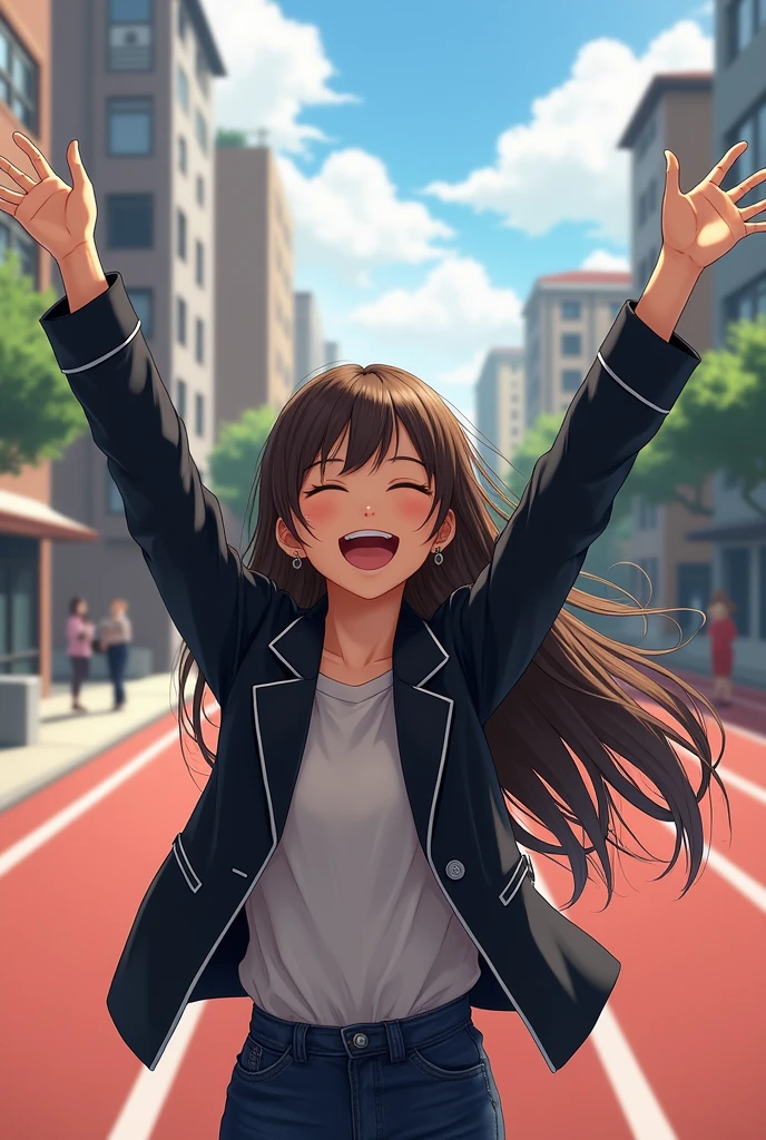 Realistic brunette girl walking on the street to pass by the track , raising hands up, black jacket , happy and laughing at the moon