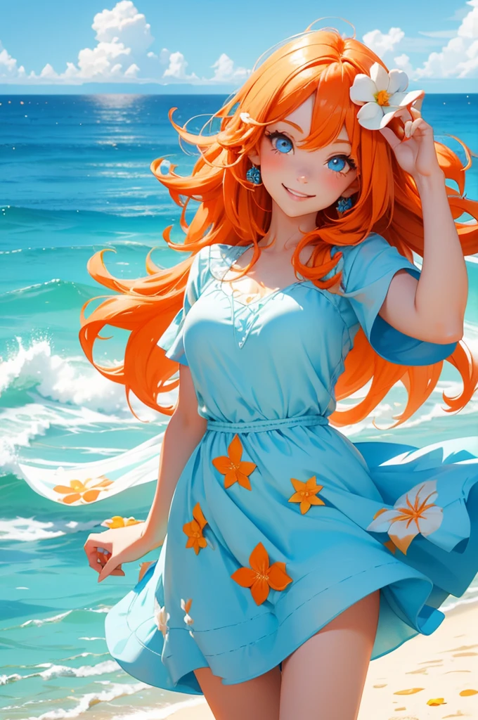 Orange Hair　Medium Hair　Light blue eyes　Beauty　A cheerful smile　Wink　peace sign　Light blue dress　blue sea　White sand beach　Flower Hair Ornaments

