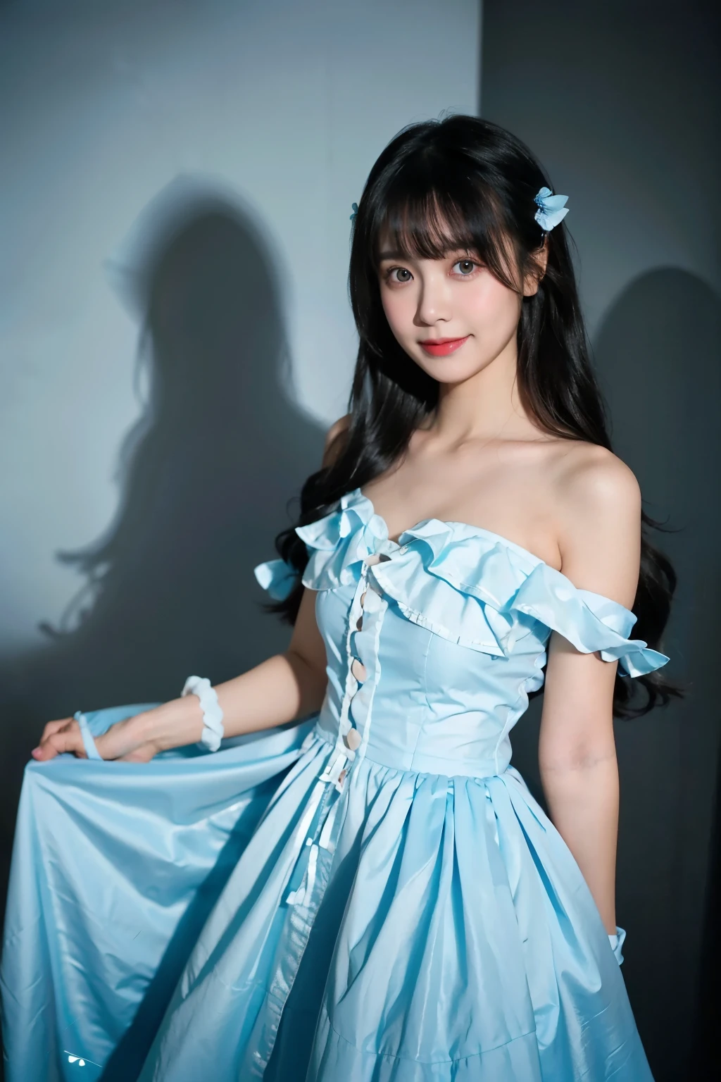 best quality, ultra high res, long black hair, tan skin, happy, smiling, looking at camera, light blue dress, Lolita dress, hair down, dark eyes, super cute face, big eyes, light agyosal makeup,
