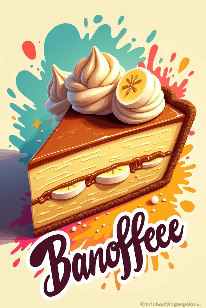 A fun design with vibrant colors, highlighting a slice of banoffee and the name in a modern font. M. Banoffee