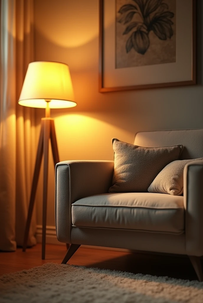 Create a close-up of a living room with an armchair, a floor lamp, a yellowish lighting, with earthy tones