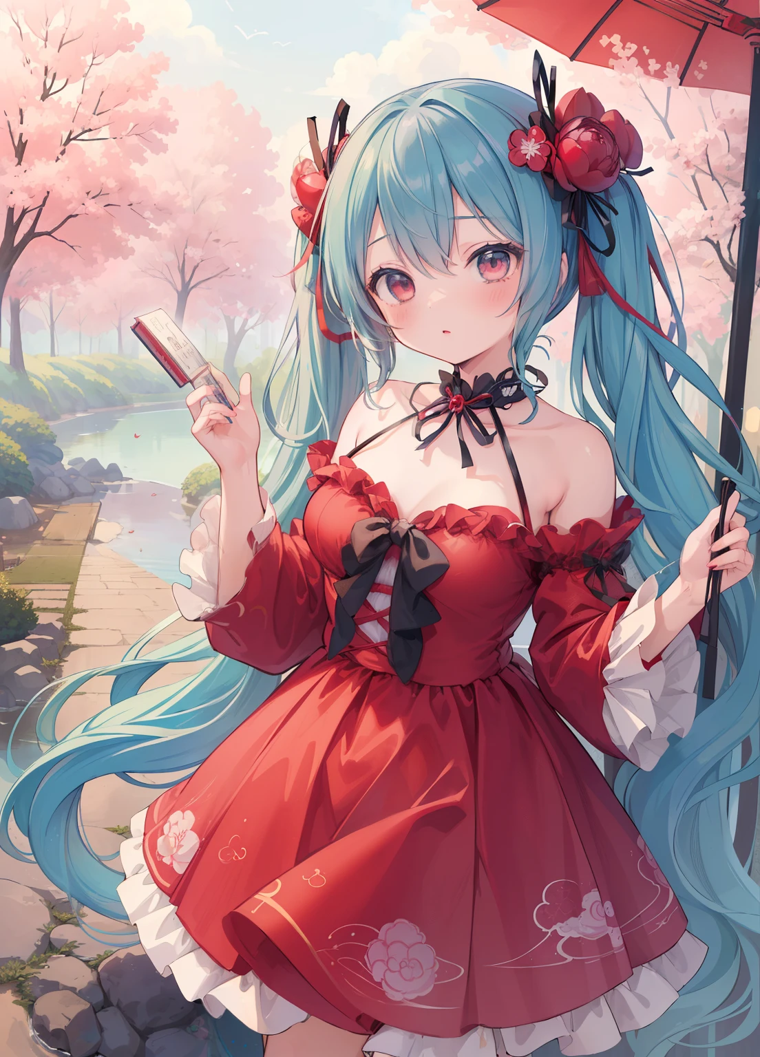 (masterpiece、Highest quality、Highest quality、Official Art、Beautiful and beautiful:1.2)、(One person:1.3)Hatsune Miku、Twin tails,Beautiful breasts, Katsushika Hokusai,Girl dressed up for adventure、Dress up as Little Red Riding Hood、belly up、Humming a song while walking、Very interesting、There'Apple pie basket、Shoot from the side at a low angle