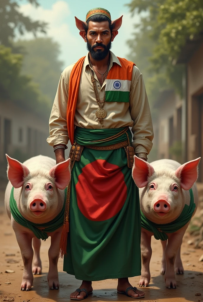 Bangladeshi man Wearing bangladeshi flag. With 2 pigs one is wearing indian flag other is wearing pakistani flag.