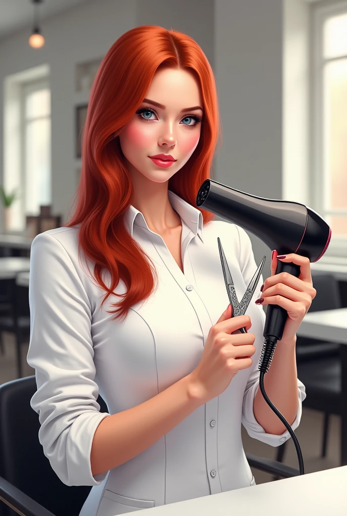 A white woman with straight red hair working as a hairdresser with scissors and a hairdryer in her hand 