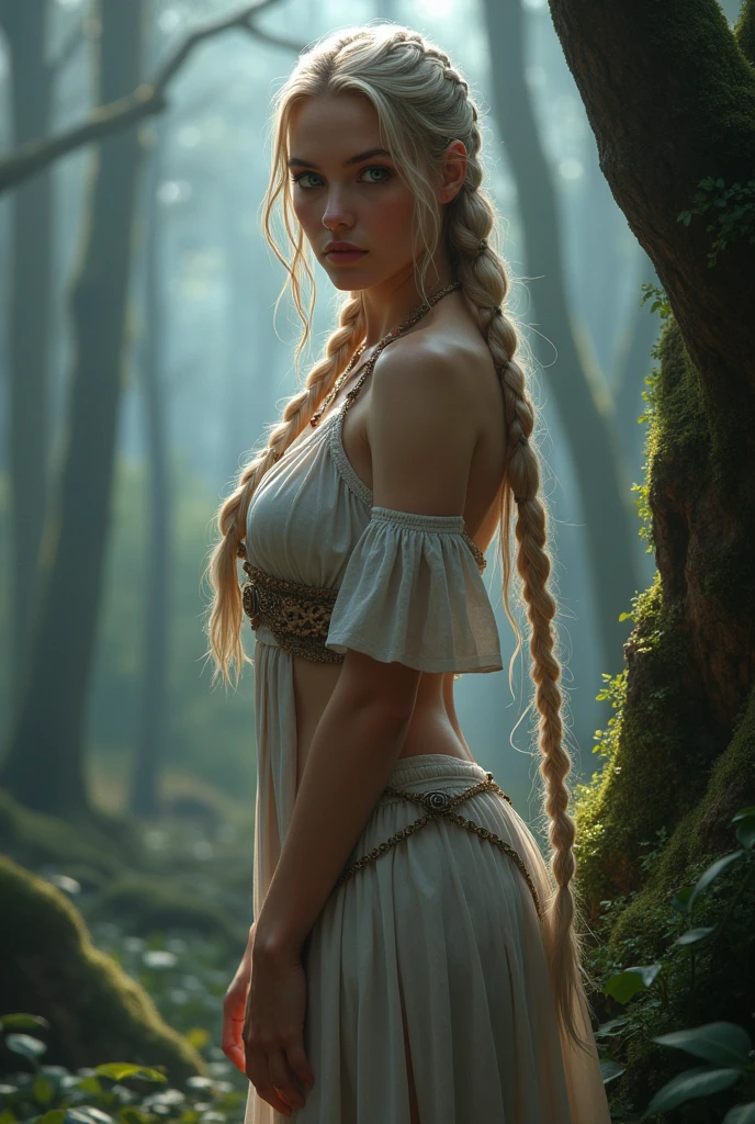 Create a full-length image of a female character in her twenties, with the style of a Nordic warrior of her time, standing in the middle of a dense, misty forest. She has long, braided blonde hair that cascades down her back., with tiny beads woven together and piercing blue eyes burning with desire.
She is dressed in traditional Nordic attire: a thin layer of silky fabric tending to transparency, stirred by the wind, revealing the slender figure and the polished details of her body and skin, which is tight to her body, revealing the voluminous nature of her breasts.. However, The thin layer of fabric falls open to reveal her curvaceous body beneath, while leaning against a moss-covered tree trunk or a mystical crystal formation.
The warrior pose is sensual and attractive, with one leg slightly bent while provoking whoever approaches him. He has his hands placed on his hips, accentuating your figure, while his eyes seem to call someone to come closer.
The forest environment remains serene and peaceful., with the soft morning light filtering through the tall pines. However, This time it is imbued with a sense of intimacy and longing between the Nordic warrior and whoever approaches her.. The overall style should remain realistic., focusing on the intricate details of her clothing, the texture of the fur and the sensual atmosphere of the forest environment.