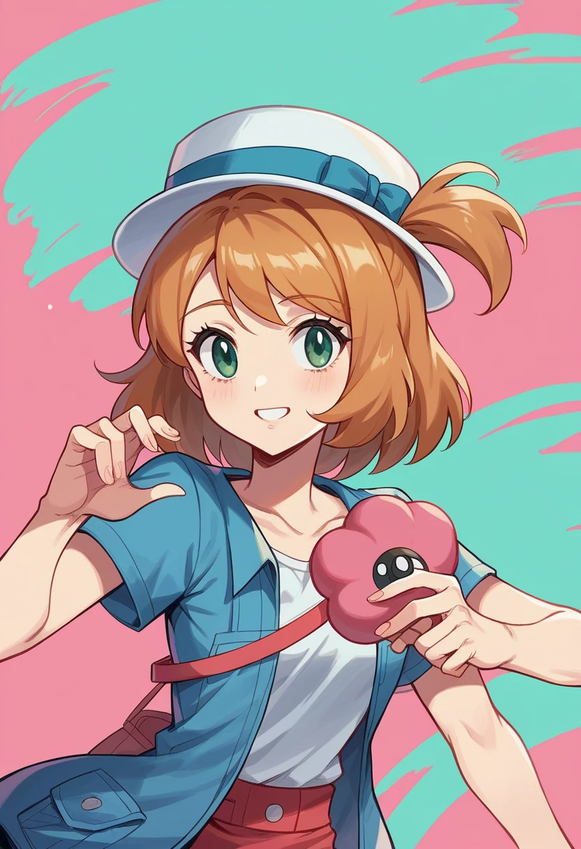 (Misty_pokemon) (Berry Short, Orange Hair, one side up hair ,Big green eyes) serena (light brown hair, blue eyes, hat) Friend, girls, pokemon, funny , buy , fashion , beautiful girls , colorful background, high quality, 8k