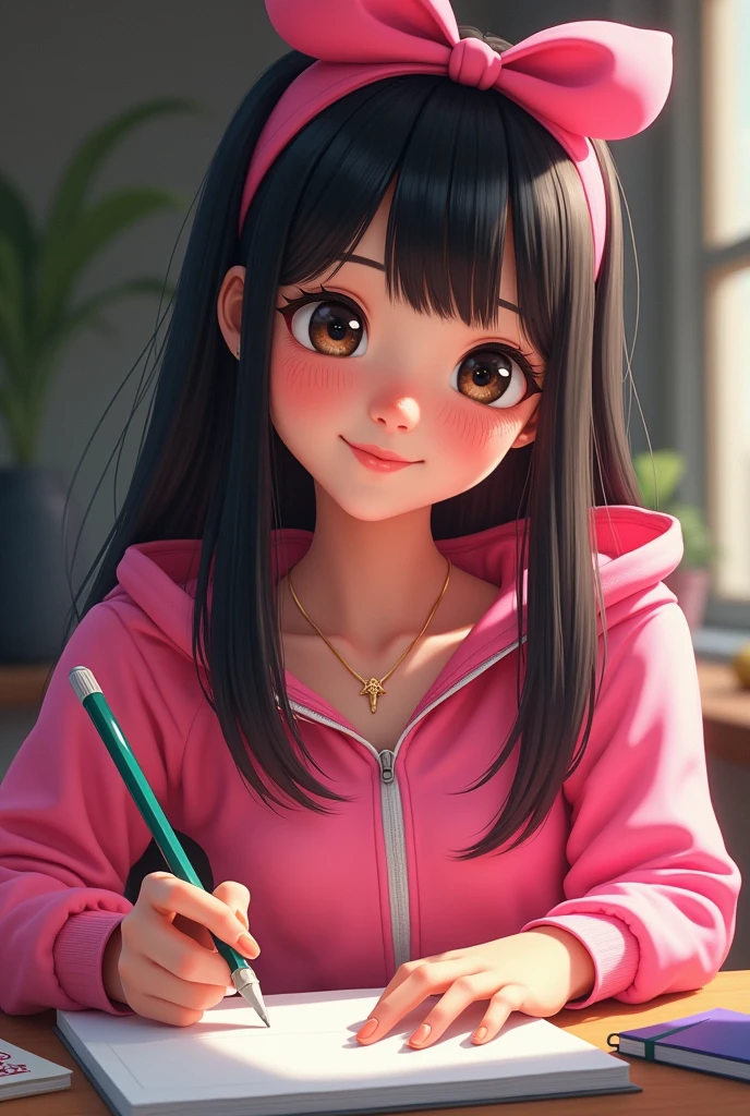 I want a realistic portrait of a pretty smiling woman who is drawing, has black hair and bangs, freckles under her dark eyes, light skin. She wears pink sports clothes and a pink bow in her straight medium hair. Has Latin features and she id drawing