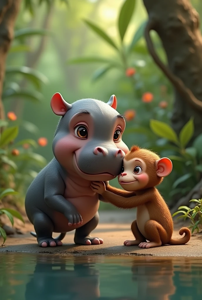 An image of a baby hippo with a baby monkey
