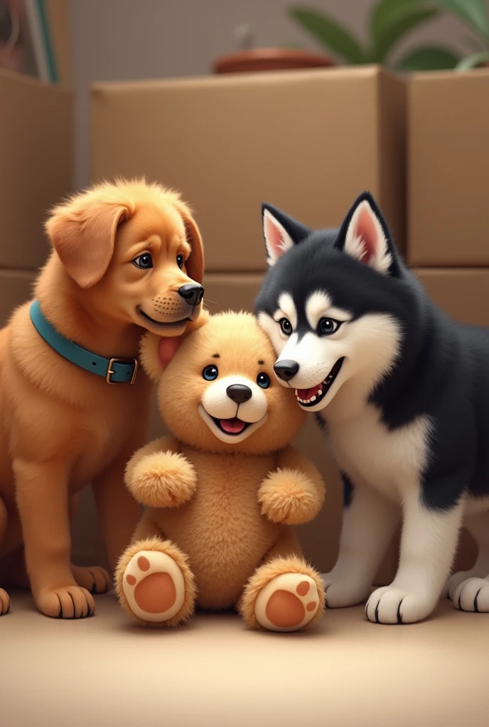 Create an image of two dogs spoiling a teddy bear from Make Friends, I feel a brown box and a black and white husky.