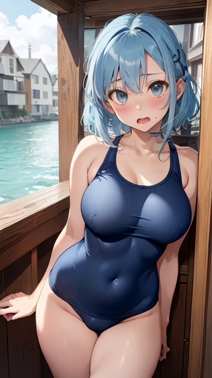 mastute piece,Best Quality,insanely detailed,8k cg,nsfw,
(shoot upper body:1.3),
(1girls:1.3),standing,looking at viewr,body in front,((both arms behind back:1.4)),(navy blue school swimsuit:1.3,waitress:1.2,apron:1.3),(bare breasts:1.2),break,
blush,shy,(ecstasy face),(trembling:1.2),break,(light blue hair:1.2),
break,
perfect breasts,perfect teats,(open mouth:0.9),(large breasts:1.3),
(beach house:1.1)