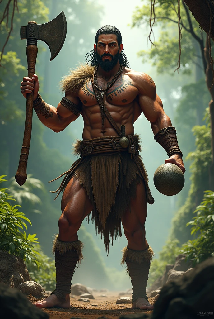 Indian with a raised axe in his right hand and a stone in his left hand 