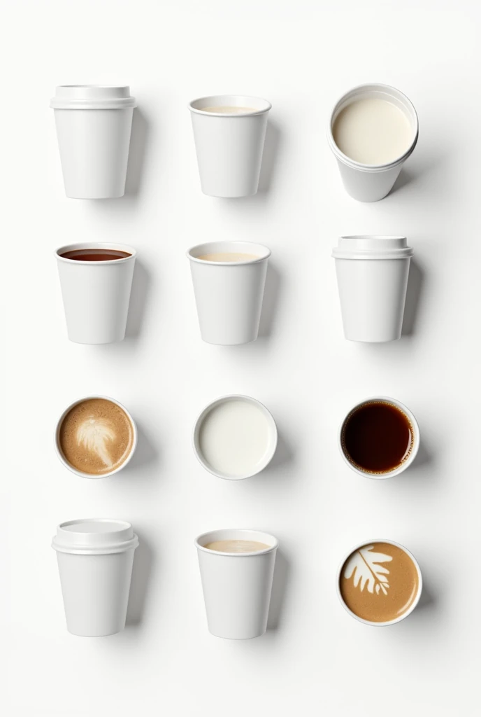 White cardboard cup, with tea drinks, espresso coffee, coffee with milk, late, cappuccino and mochachino , white background separated each in a 3x3 matrix tea glass The same image in white cardboard cup with 45 degree angle not cup glass